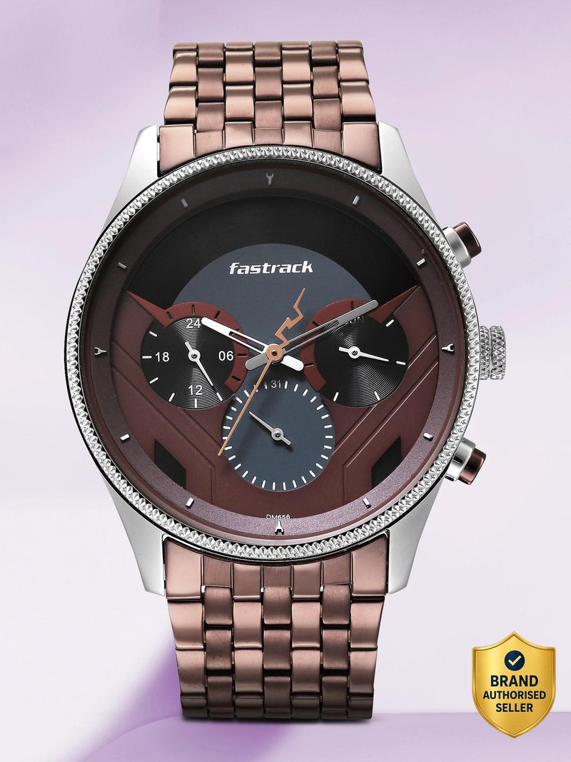 Fastrack 3286km01 Fastrack Thor Multifunction Black & Red Dial Brown Metalstrap Analog Watch - For Men