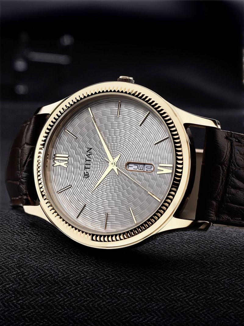 Titan Analog Watch with Day & Date, White Dial, Brown Leather Strap - Image 5