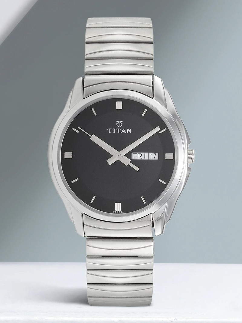 titan karishma day date black dial silver ss strap analog watch men