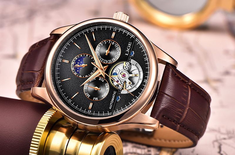 Lige Mens Automatic Chronograph Mechanical Skeleton Watch - Image 4