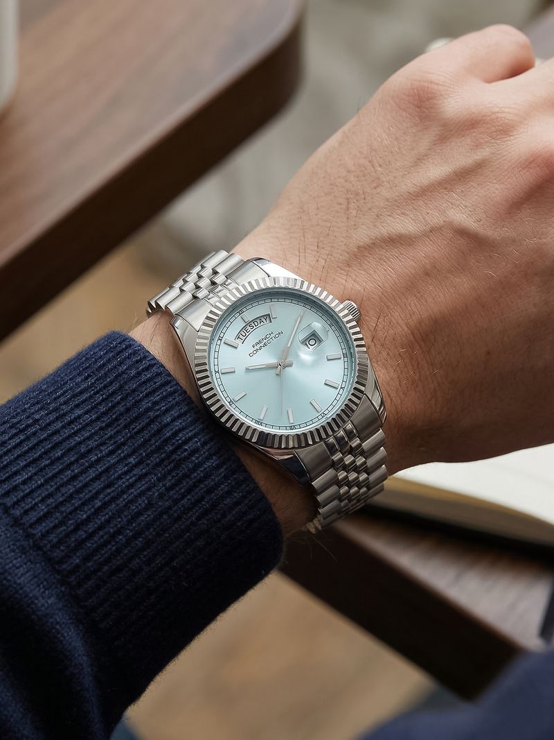 French Connection Light Blue Day and Date Modern Dial | Silver Stainless Steel Watch for Men Analog Watch - For Men FCND10SM - Image 4