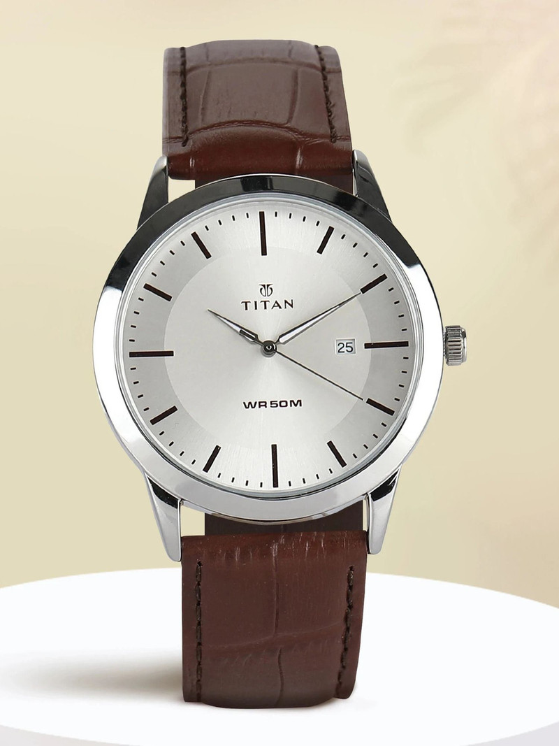 titan clastainless steelic date silver dial brown leatherstrap analog watch men