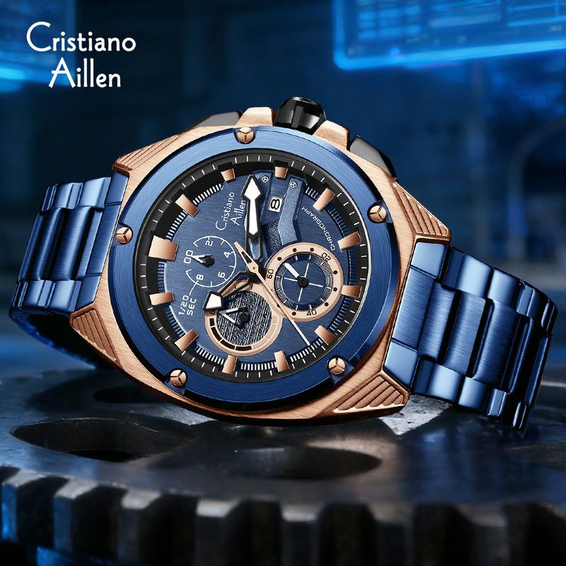 Cristiano Aillen Men's Analog Multifunction Watch Blue Rose Gold - Image 6