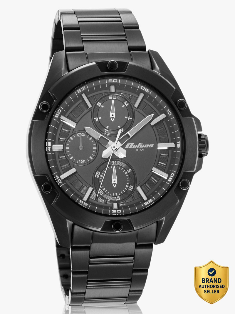 Titan Titan Octane Multifunction Black Dial Black Stainless Steel Strap Analog Watch - For Men NT90143KM01,NU90143KM01