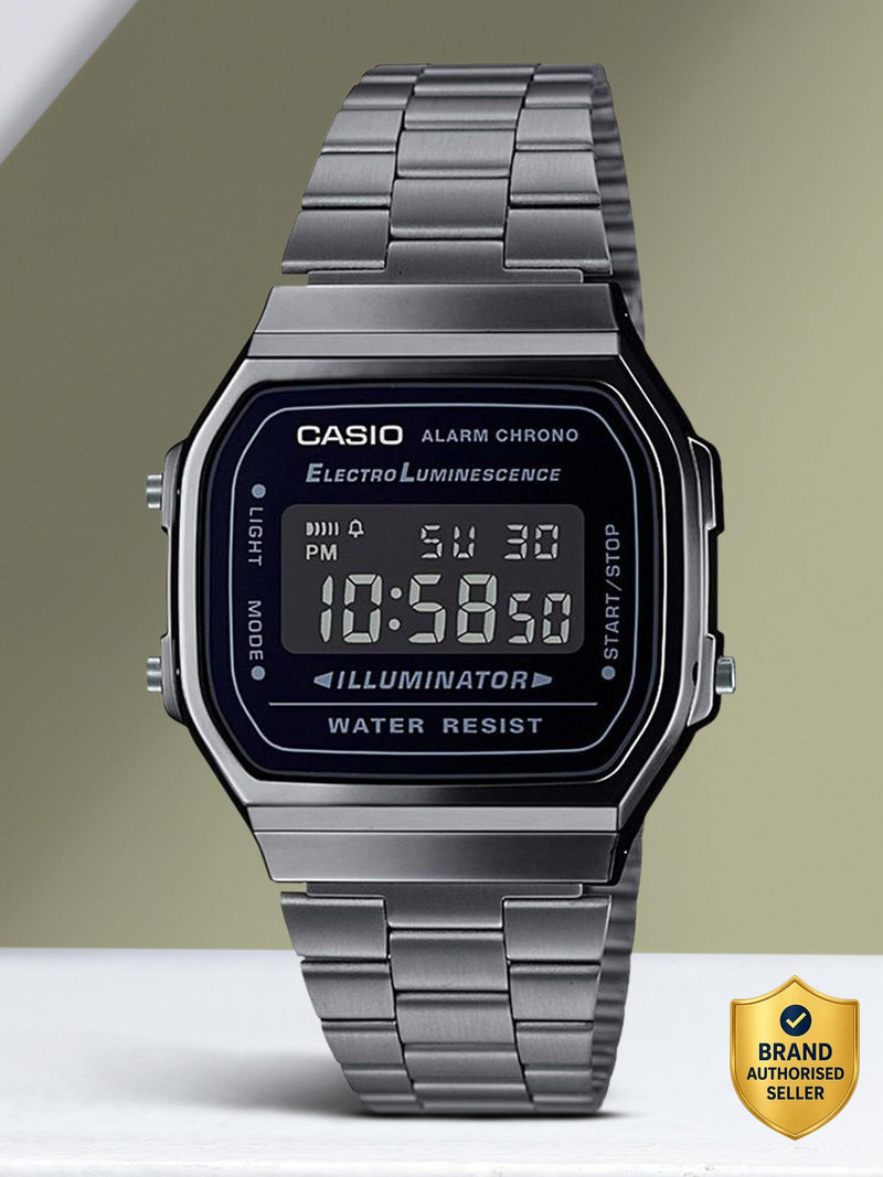 casio vintage black dial black stainless steel band digital watch  - for men & women d182