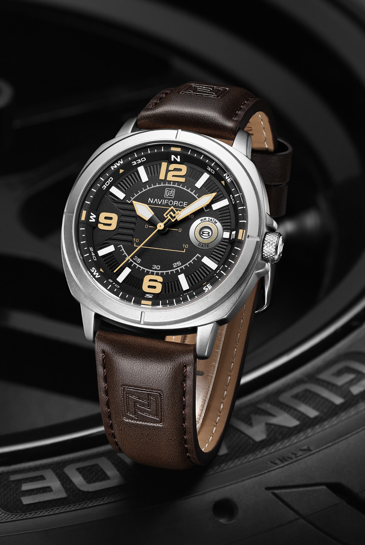 NAVIFORCE Modern sporty style black dial with Dark Brown leather strap Analog Watch  - For Men 8078 date window at the 3 o'clock position
