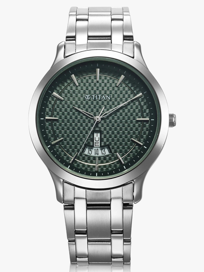 titan karishma radiance 2 0 anthracite green dial silver stainless steel strap analog watch men