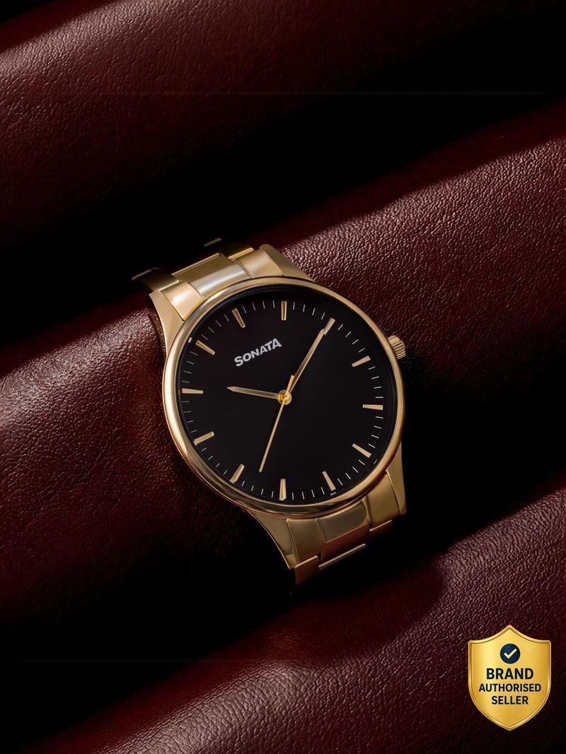 Sonata Black Dial Gold Stainless Steel Watch - Image 2