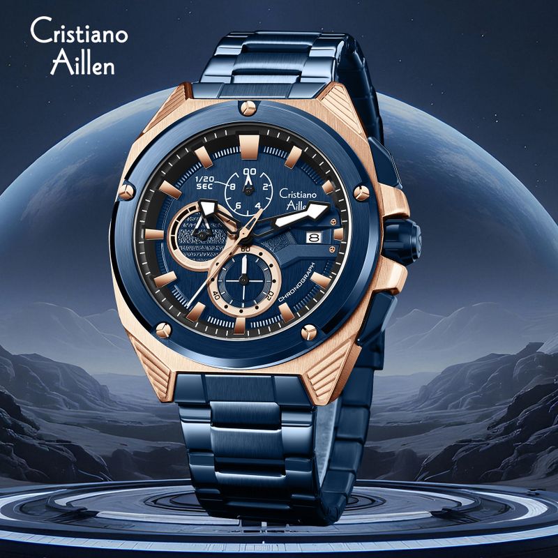 Cristiano Aillen Men's Analog Multifunction Watch Blue Rose Gold - Image 5