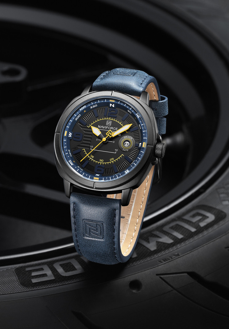 naviforce modern sporty style black dial with blue leather strap analog watch  - for men 8078 date window at the 3 o'clock position