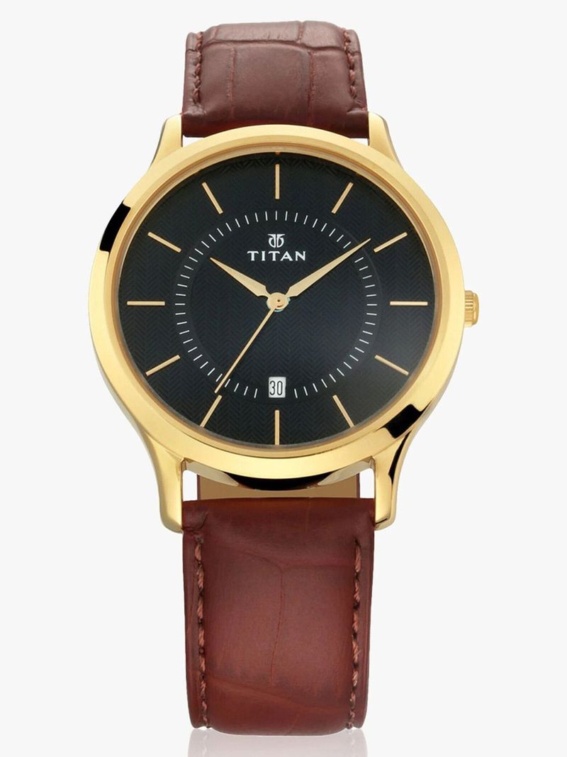 Titan With Date Black Dial Brown Leather Strap Analog Watch - Image 6