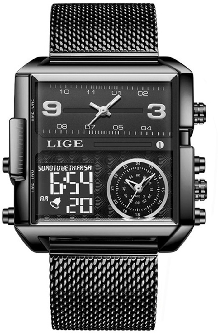 Lige Mens Watch Square Dual Time Chronograph Luxury wrist Watch For Men Analog-Digital Watch - For Men 8925