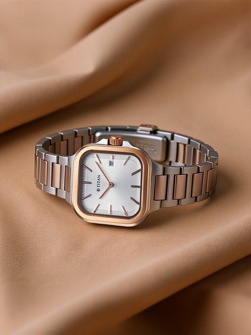 Titan Titan Slim Square Silver Dial Silver & Rose Gold SS Strap Analog Watch - For Women 95291KM01,NU95291KM01
