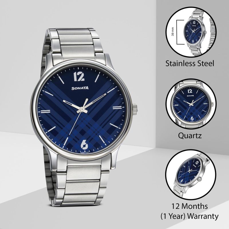 Sonata Smart Plaid Blue Dial Analog Watch for Men - Image 5