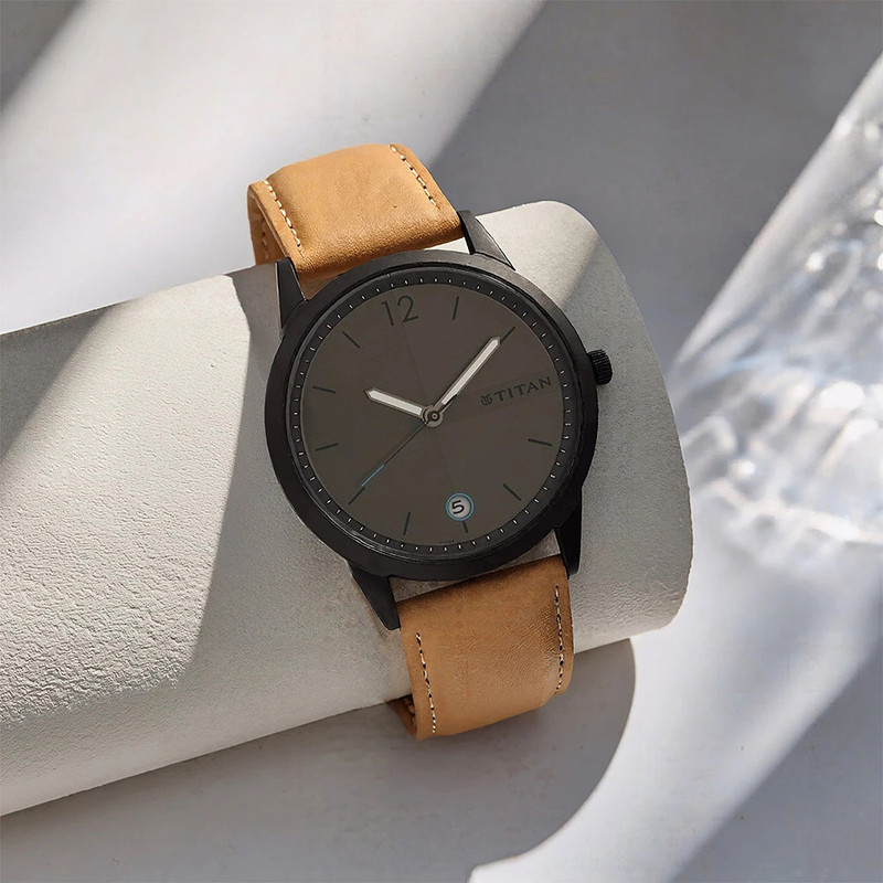 Titan NP1806NL01 Titan With Date Anthracite Dial Tan Leather Strap Analog Watch  - For Men