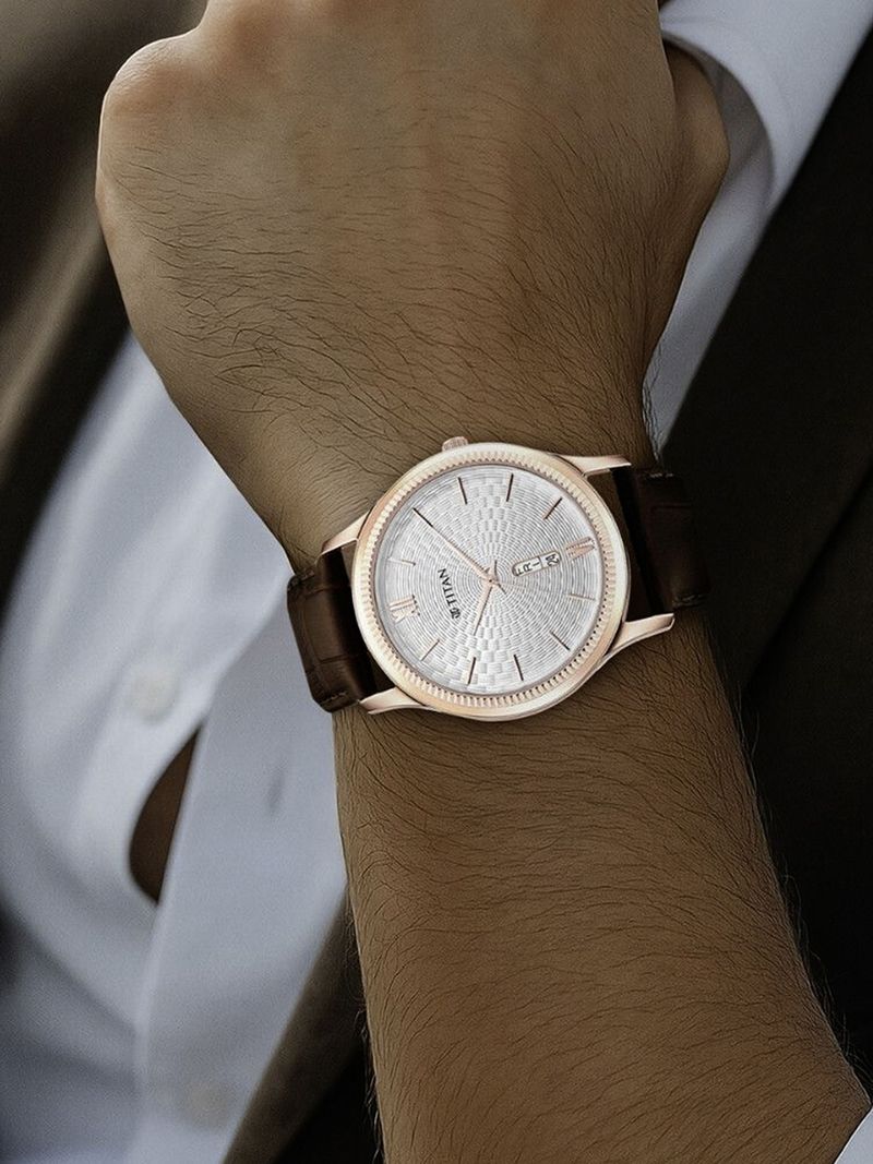 Titan Analog Watch with Day & Date, White Dial, Brown Leather Strap - Image 6