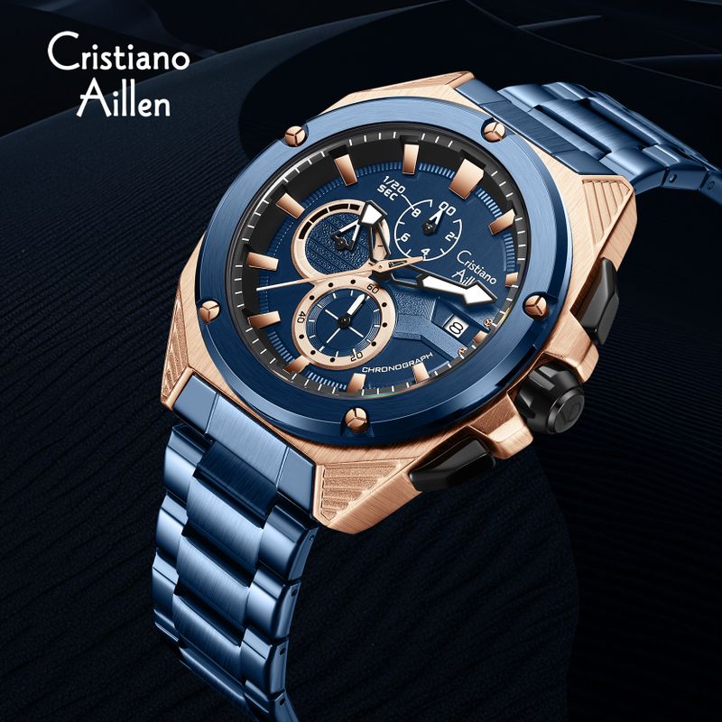Cristiano Aillen Men's Analog Multifunction Watch Blue Rose Gold - Image 4