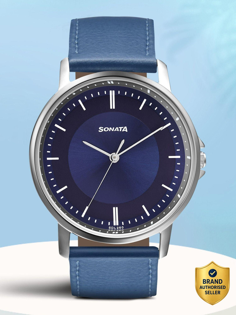 SONATASonata Quartz Blue Dial Blue Leather Strap Analog Watch  - For Men NT77083SL07W,NU77083SL07W
