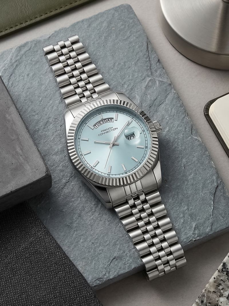 French Connection Light Blue Day and Date Modern Dial | Silver Stainless Steel Watch for Men Analog Watch - For Men FCND10SM - Image 3