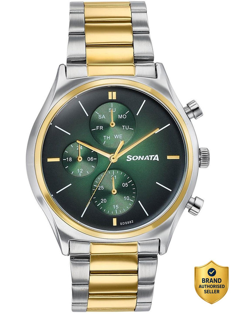SONATA Sonata Festive 2.0 Quartz Green Dial IPG+SS Sheet metal Strap Analog Watch - For Men 77192BM01