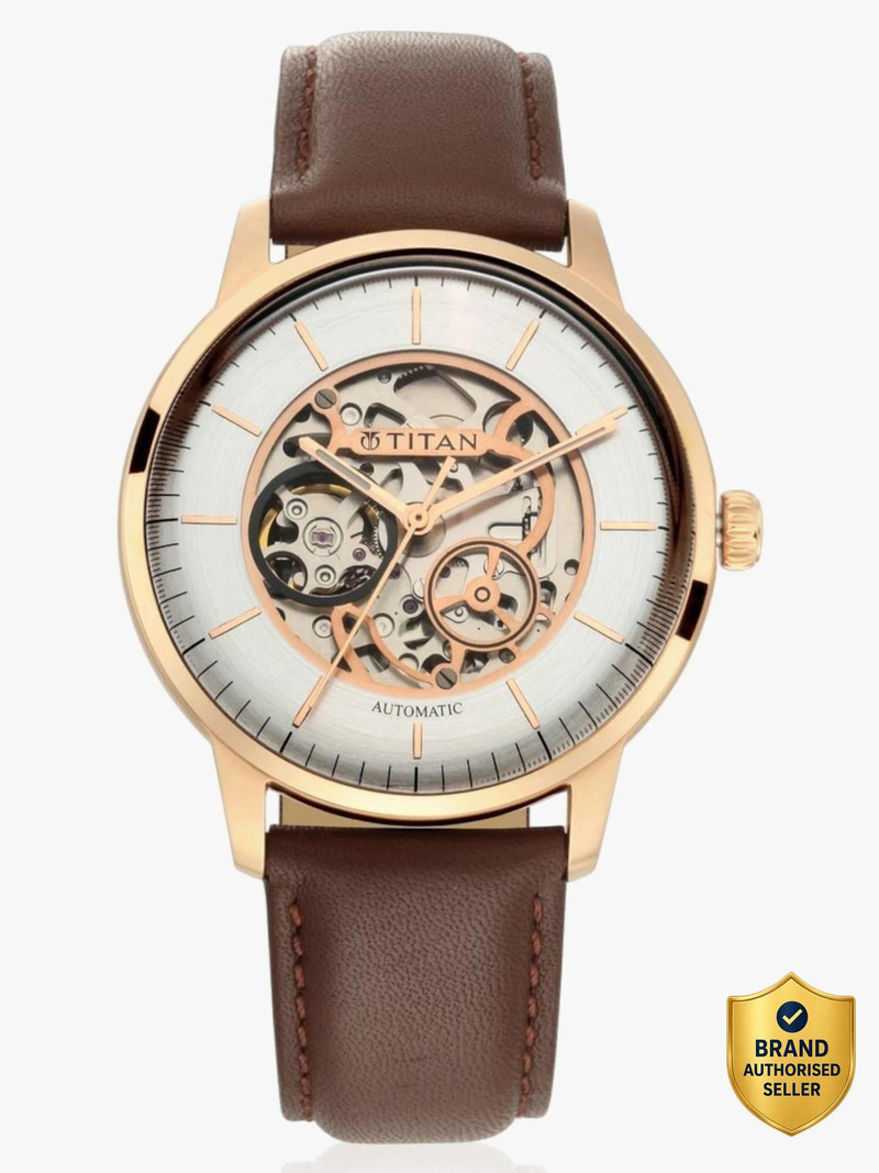 Titan Nq90110wl03 Titan Automatic Silver Dial Brown Leather Strap Analog Watch - For Men