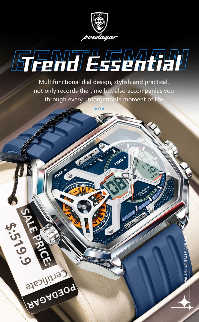POEDAGAR Blue Analog-Digital Men's Watch - Image 6