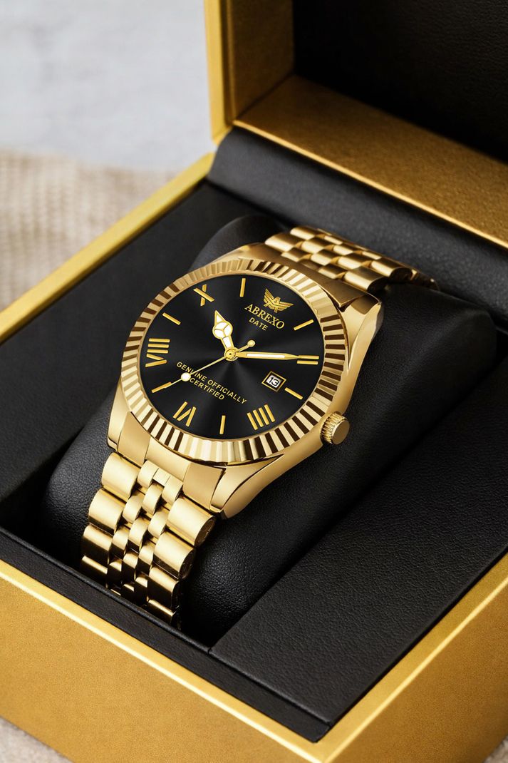 ABREXO Aesthetic Series Black Dial Gold Steel Watch - Image 5