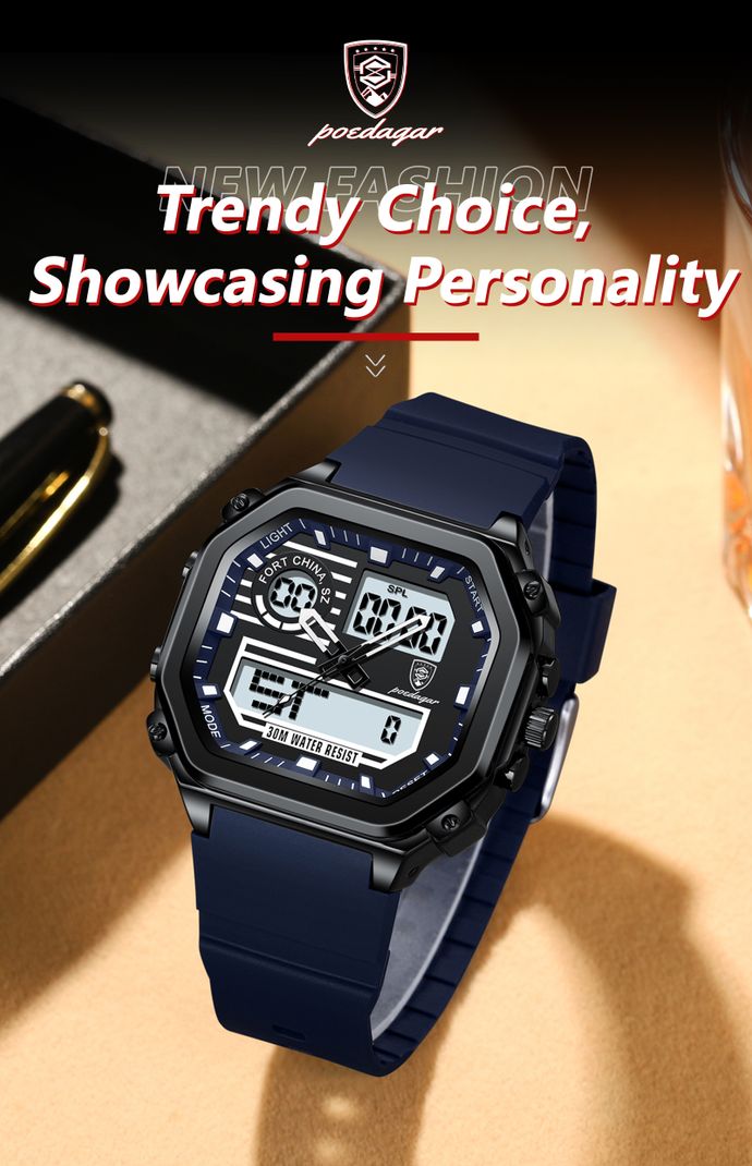 POEDAGAR Analog-Digital Blue Men's Watch - Image 3