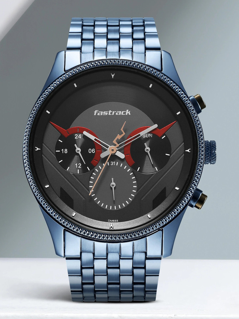 fastrack 3286km03 thor multifunction black grey dial blue metalstrap analog watch men