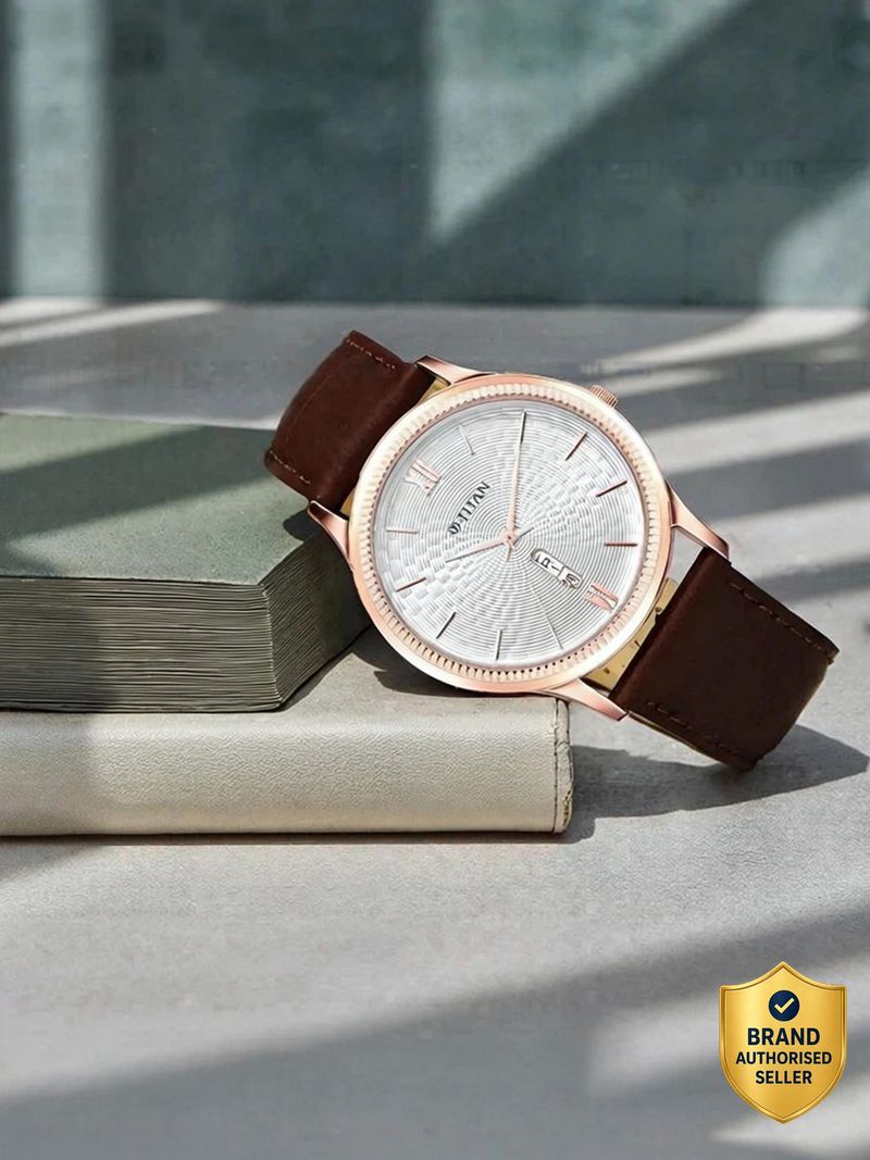 Titan Analog Watch with Day & Date, White Dial, Brown Leather Strap - Image 2