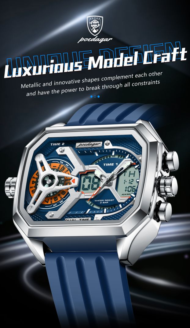 POEDAGAR Blue Analog-Digital Men's Watch - Image 4