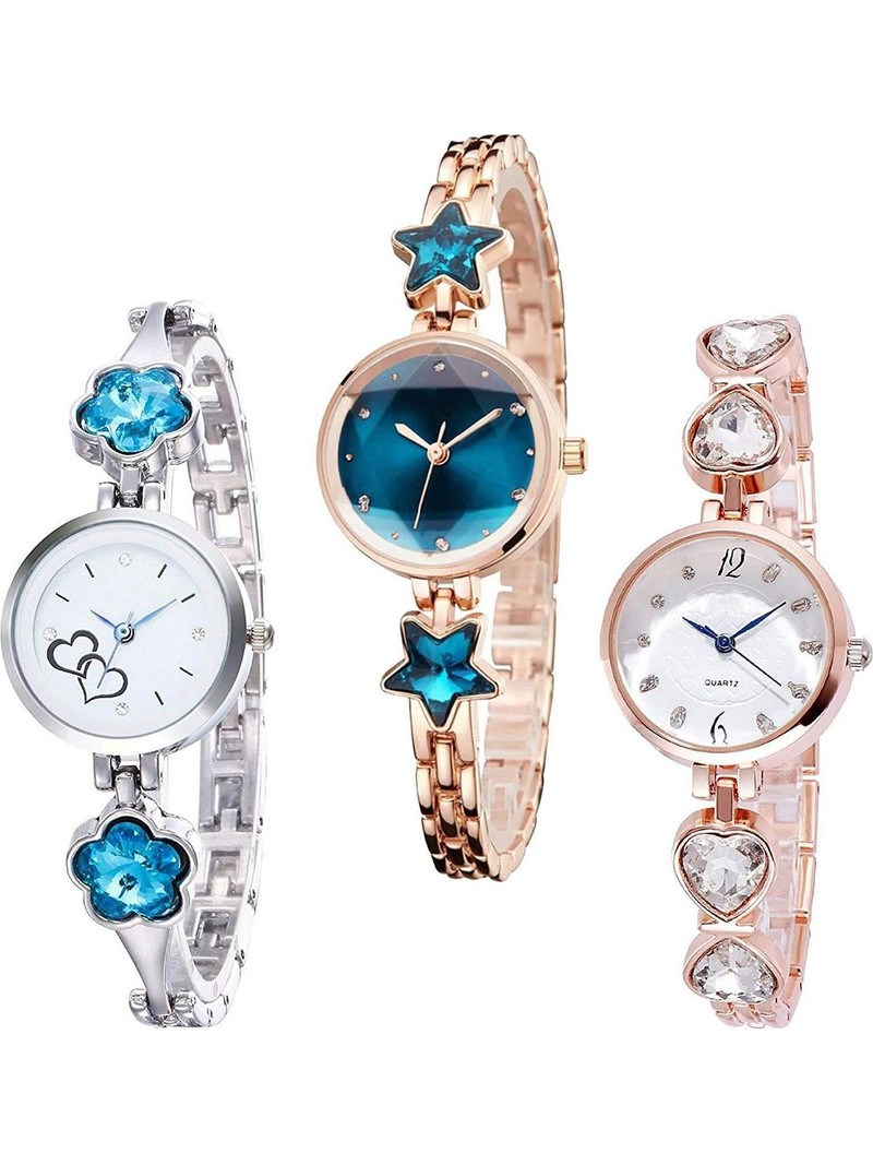 Blue Pearl Analog Watch  - For Girls New Stylish Combo Of 3 Silver and Star Diamond and RoseGold Watch