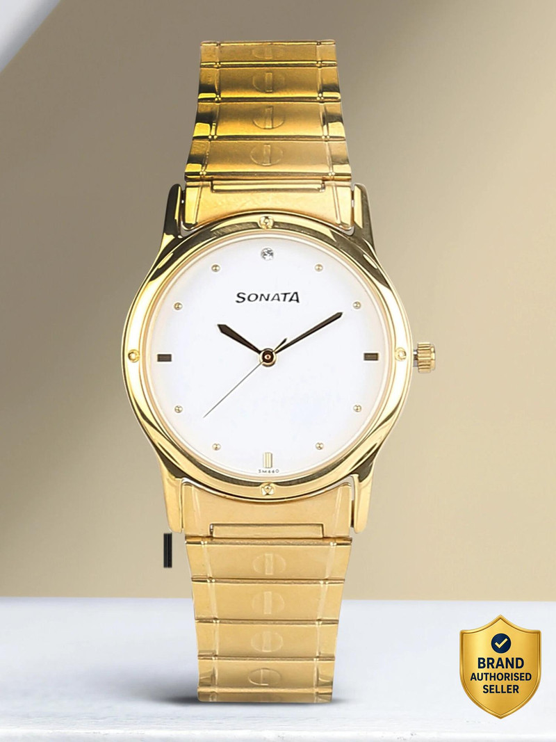 SONATA Sonata White Dial Gold Stainless Steel Strap Analog Watch - For Men NT7023YM01,NU7023YM01