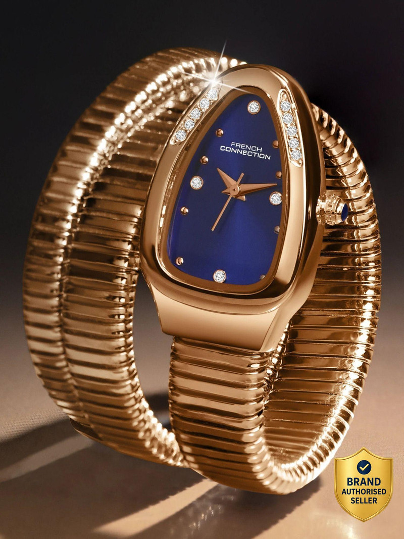 French Connection The Mystic Curve The Mystic Curve Women's Rose Gold Watch | Rhinestones Blue Sunray Dial Analog Watch  - For Women
