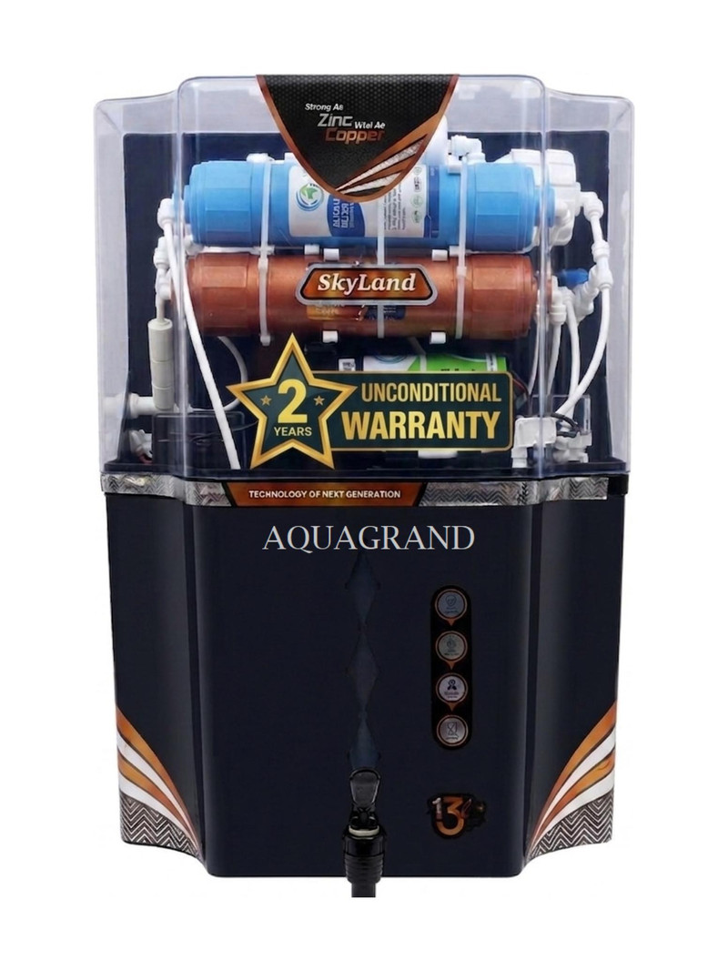 Aquagrand Skyland Black ALCOP Model With (ISI, BIS Certified ) & 2 Years Warranty 13 L RO + UV + UF + Copper + Alkaline Water Purifier Coal, Black