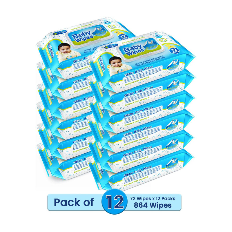 GLIDER Soft Baby Wipes with Fliptop | Aloe Vera & Vitamin E | Paraben Free | Pack of 12 864 Wipes