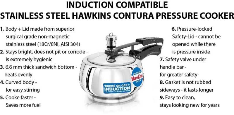 Hawkins Superior Stainless Steel Pressure Cooker Induction Compatible Base  3L