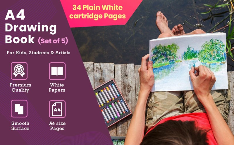 Woodsnipe Drawing For Kids | 3A Size Drawing Books | 36 White Blank Drawing  Pages | Sketch Books For Drawing, Colouring And Painting | Set Of 5 Art