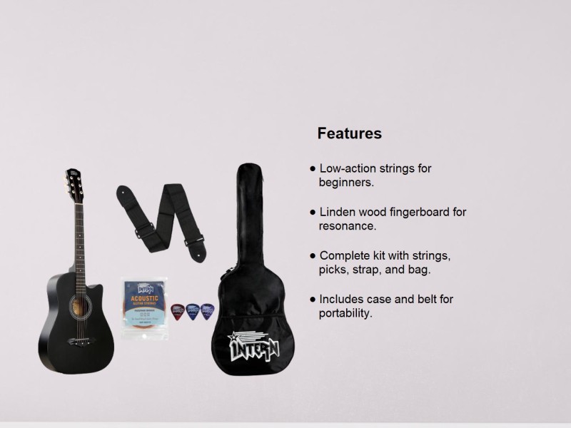 Intern INT-38C Right hand Acoustic Guitar Kit, With Bag, Strings, Pick And  Strap, Black, small : : Musical Instruments