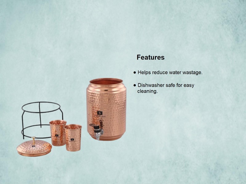 Copper Portal 5 Litre Hammered Copper Water Dispenser Container Pot With 2  Glass 300ml and Stand 5000 Ml Bottle 700 ML 