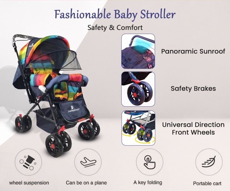 StarAndDaisy Sunrise Baby Stroller and Pram with Extended Mosquito Net and  Ultra Soft Cushions & Reversible Handlebar (White Checks Print | Sigma)