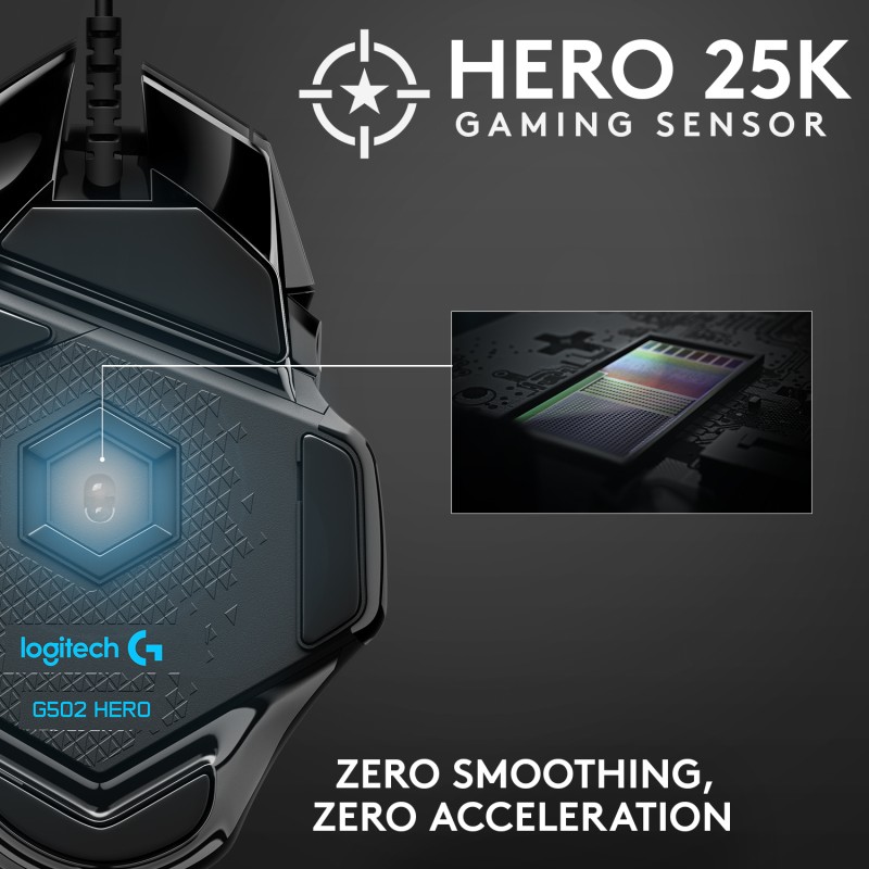 Logitech G502 Hero / Hero 25K Sensor, Adj DPI Upto 25600, RGB, 11