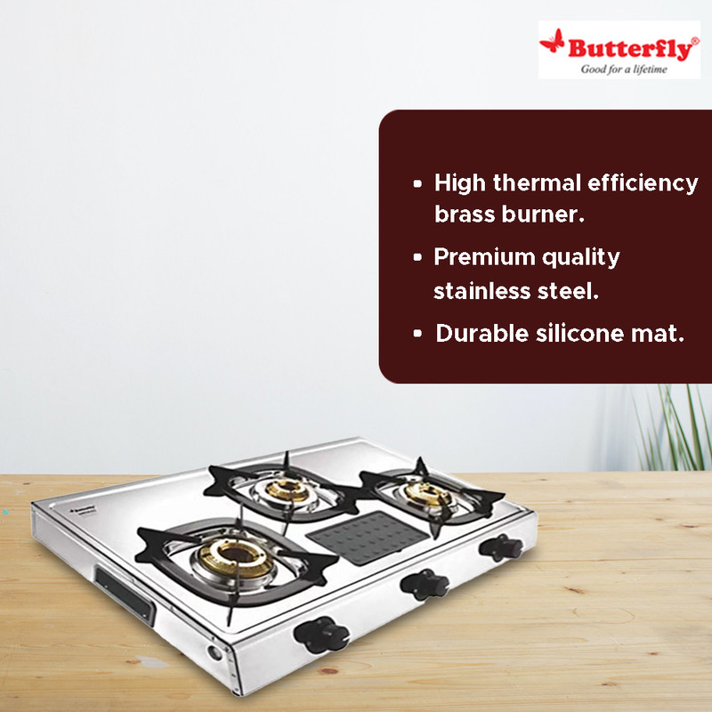 Butterfly stainless steel matchless shop lpg gas stove 3 burner