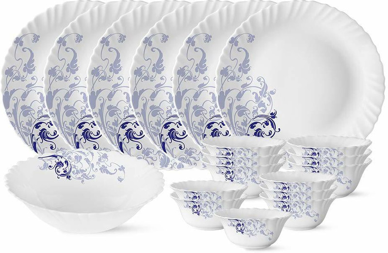 Larah by Borosil Pack of 35 Opalware Larah by Borosil Blue Eve Silk Series Opalware Dinner Set, 35 Pieces, White Dinner Set (White, Microwave Safe)
