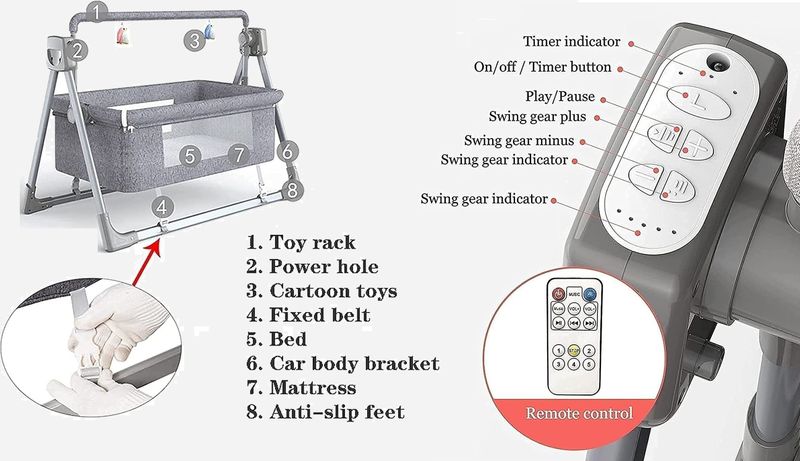 JUNIOR JOE Newborn Baby Electric Baby Swing Bed Cradle For Infants Baby Auto Swings Sleeper Bluetooth Music Mosquito Cot (Khakhi) - Image 7