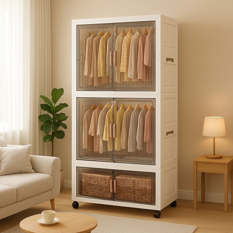 Etoly 1-Wardrobe 4-Door 4-Shelf Plastic Collapsible Cupboard PC Collapsible Wardrobe PC Collapsible Wardrobe (Finish Color - WHITE-721, DIY(Do-It-Yourself))