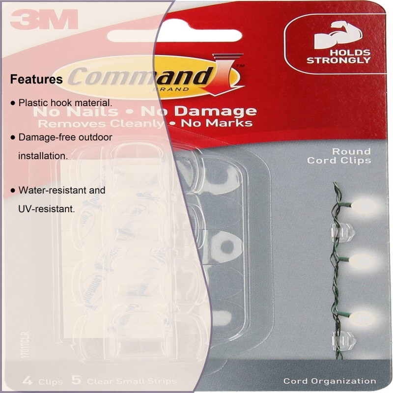 3M Command Round Cord Wire Organizer CLEAR Wall Hooks 4 Clips 5 Strips  17017CLR