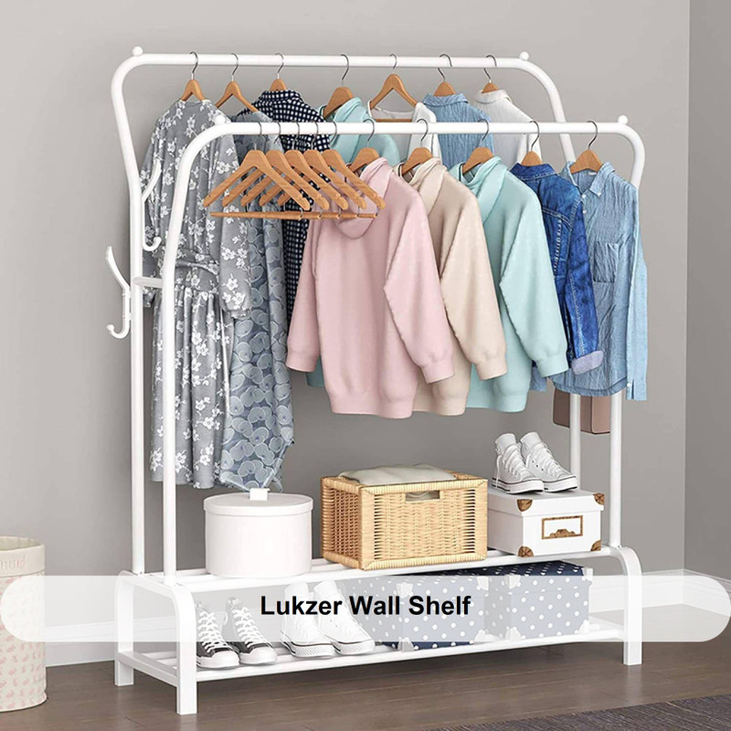 lukzer Lukzer Multipurpose Metal Garment Rack Heavy Duty Clothes Rail Double Pole Garment Stand with 2 Bottom Shelves Side Hook Hanging Handbag Umbrella for Bedroom Living Room White Iron Wall Shelf