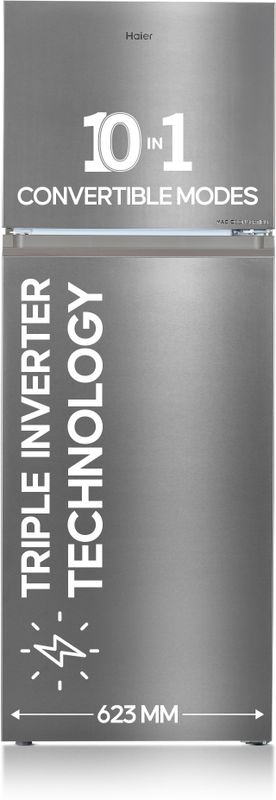 Haier 328 L Frost Free Double Door Top Mount 3 Star Convertible Refrigerator  with Convertible 14-in-1,1 hour Icing (Inox Steel, HEF-333TS-P)