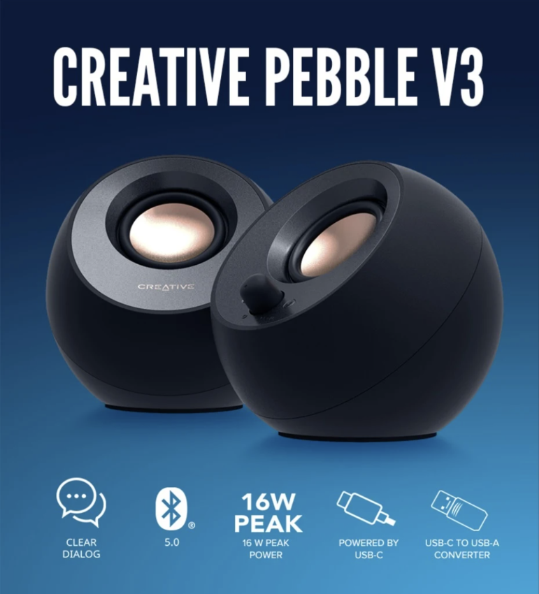  Creative Pebble V3 Minimalistic 2.0 USB-C Desktop Speakers with  USB Audio, Clear Dialog Enhancement, Bluetooth 5.0, 8W RMS with 16W Peak  Power, USB-A Converter Included (Black) : Electronics